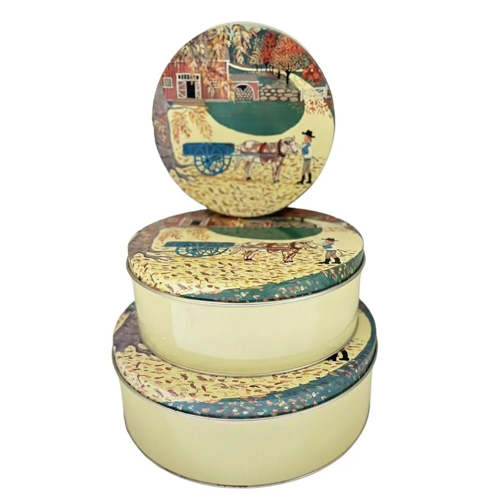3 Meister Round Nested Tin Cookie Canister Farm Ranch Country Horse Vtg Brazil
